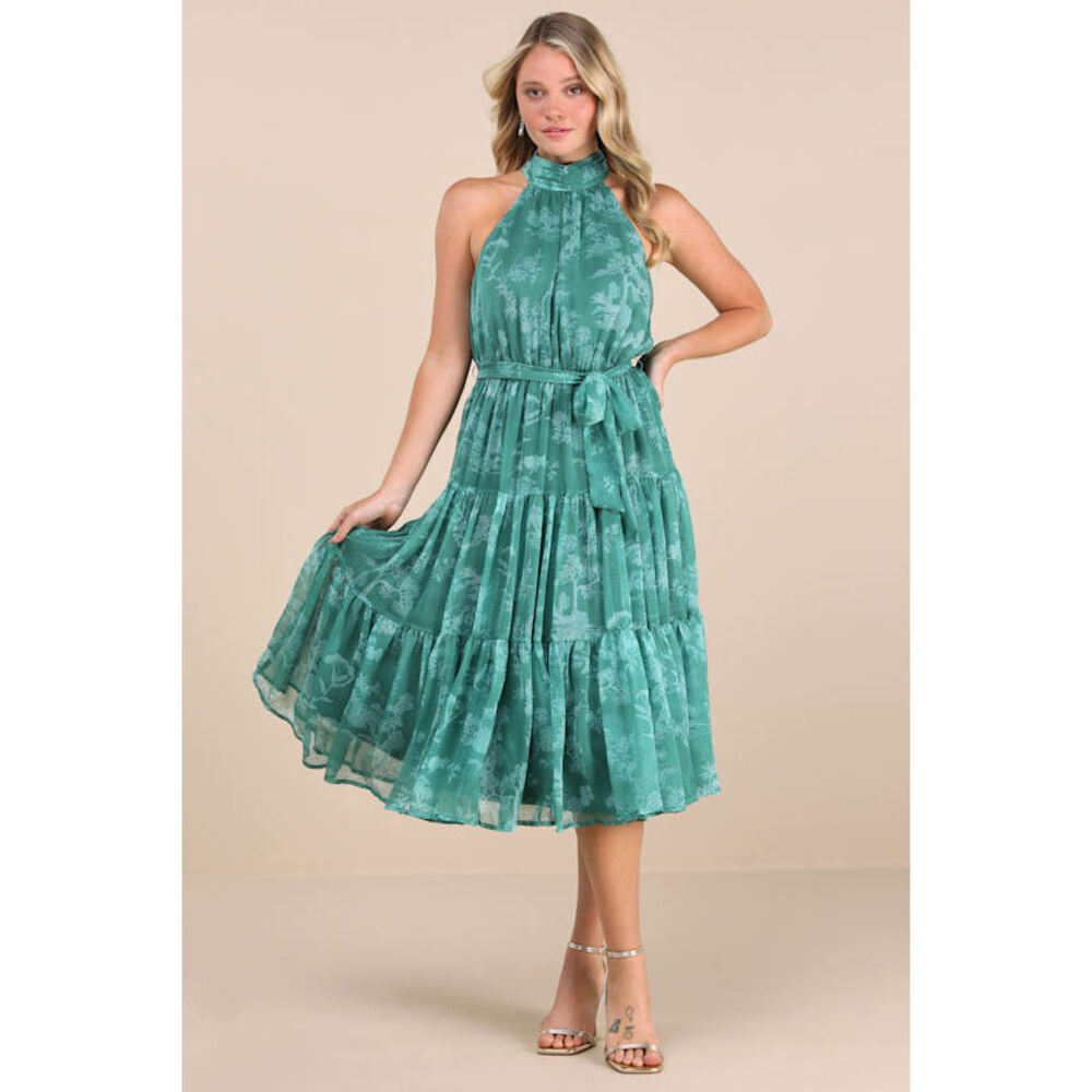 Lulus Float To You Green Floral Print Halter Tiered Midi Dress - Size XXL